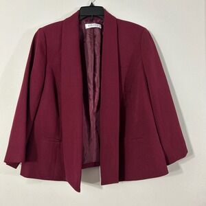 Kasper Burgundy Blazer Jacket Open Front Collarless Women